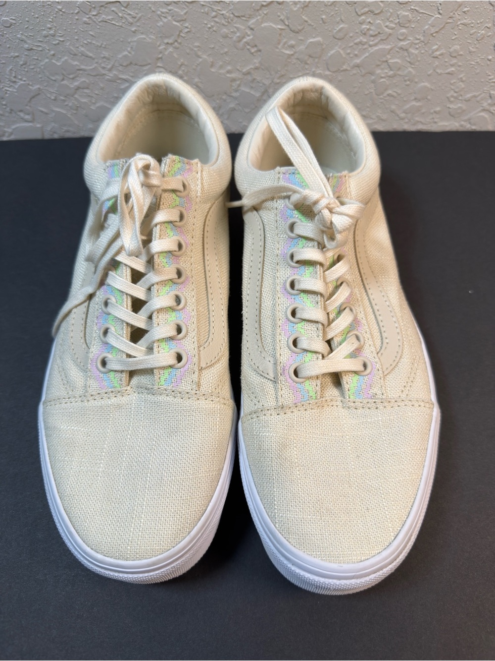 Vans Old Skool Cream Canvas Sneakers Women’s Size 9 Iridescent Trim